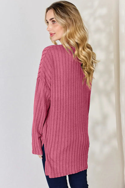 Basic Bae Full Size Ribbed Half Button Long Sleeve High-Low T-Shirt New Era Fashion LLc