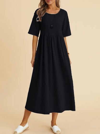 Plus Size Cotton Linen Midi Dress | Round Neck Pocket Dress FitiqueFit