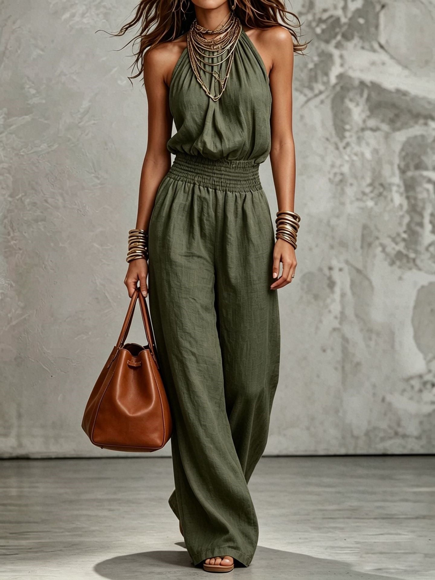 Women's Sleeveless Backless Lace-Up Halter Wide-Leg Jumpsuit FitiqueFit