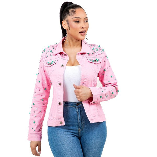 Pearls Rhinestone Pink Denim Jacket Pink Green See size chart under “more details” The Fashion Celestial