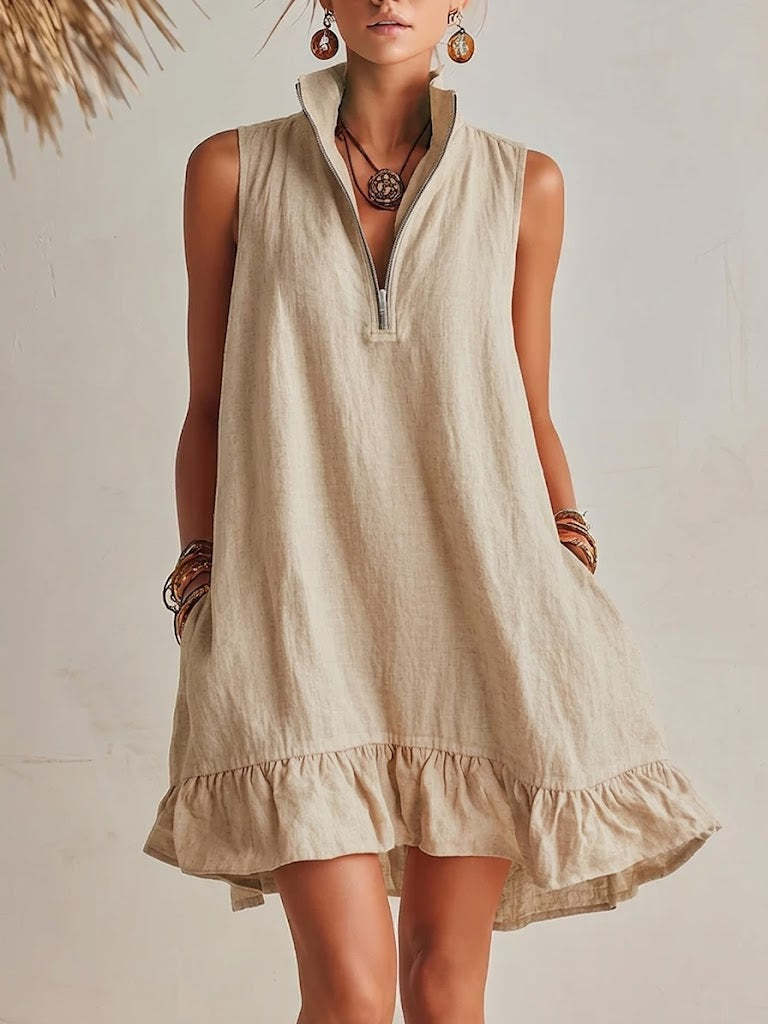 Women's Casual Loose Half-Zip Sleeveless Dress with Ruffle Hem FitiqueFit