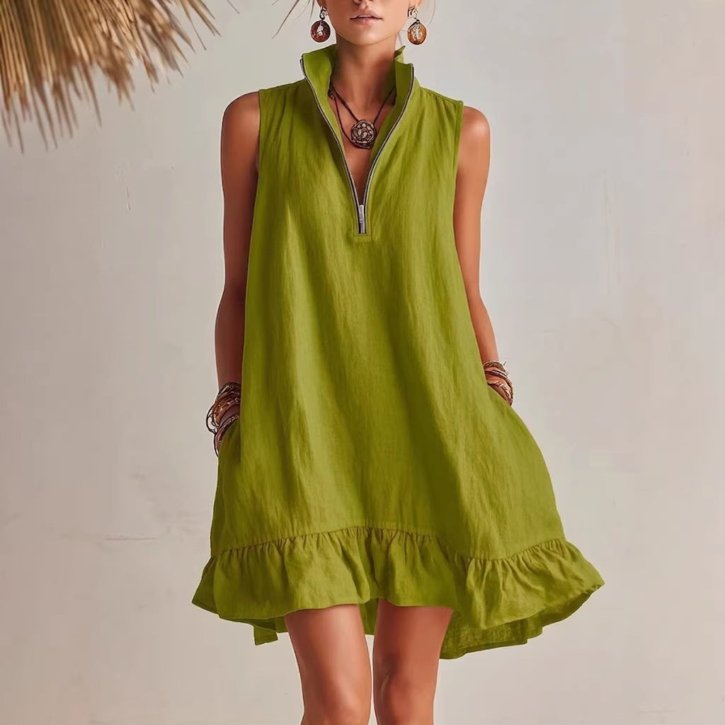Women's Casual Loose Half-Zip Sleeveless Dress with Ruffle Hem FitiqueFit