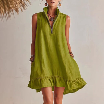 Women's Casual Loose Half-Zip Sleeveless Dress with Ruffle Hem FitiqueFit