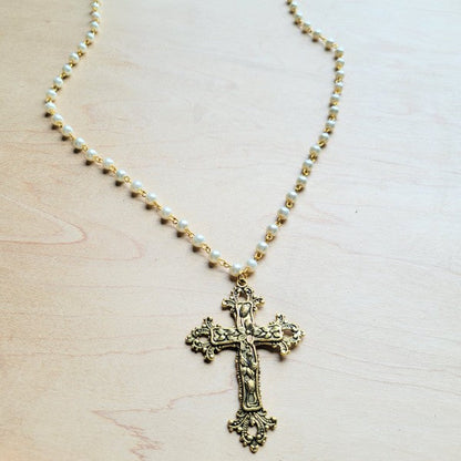 Pearl Long Beaded Necklace w/ Antique Gold Cross Shop Style & More | Fresh Looks, Everyday Deals & Free Shipping