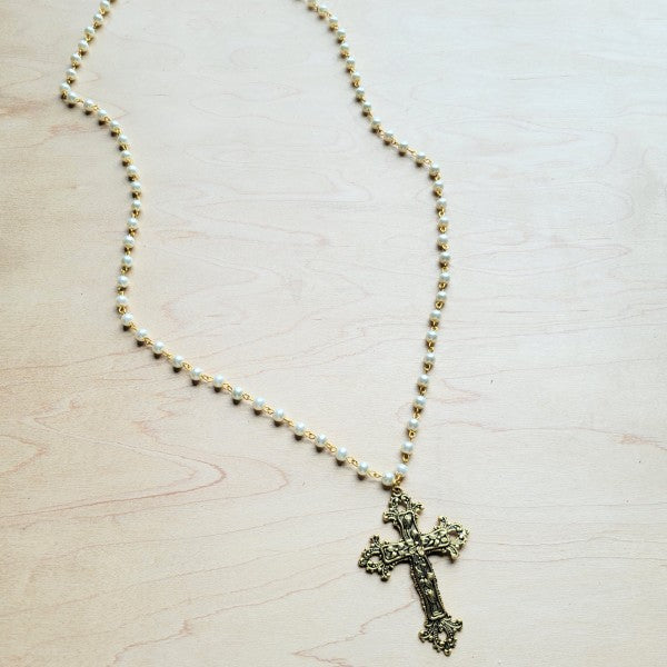 Pearl Long Beaded Necklace w/ Antique Gold Cross Shop Style & More | Fresh Looks, Everyday Deals & Free Shipping