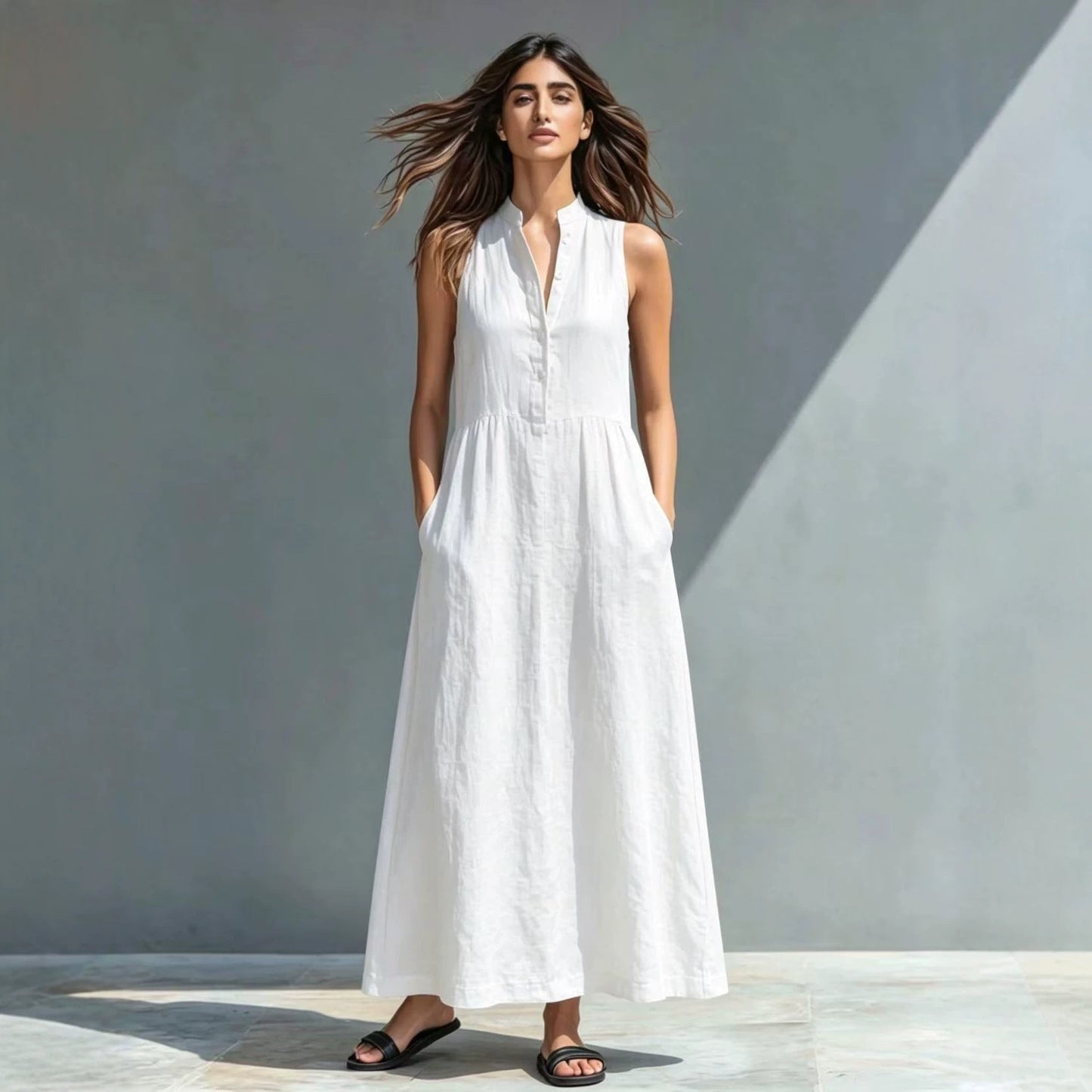 Women's Stand-Collar A-Line Maxi Dress – Resort & Vacation Style FitiqueFit