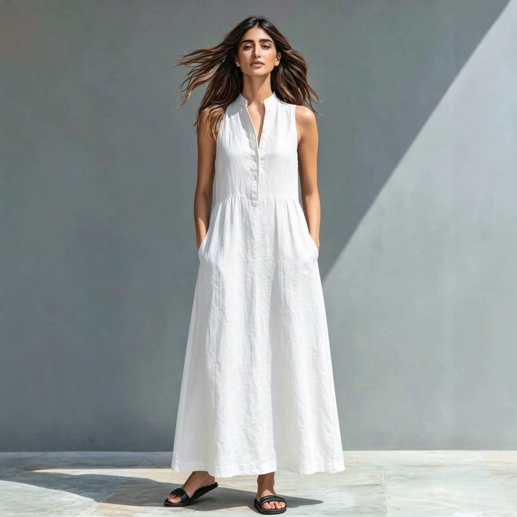 Women's Stand-Collar A-Line Maxi Dress – Resort & Vacation Style FitiqueFit