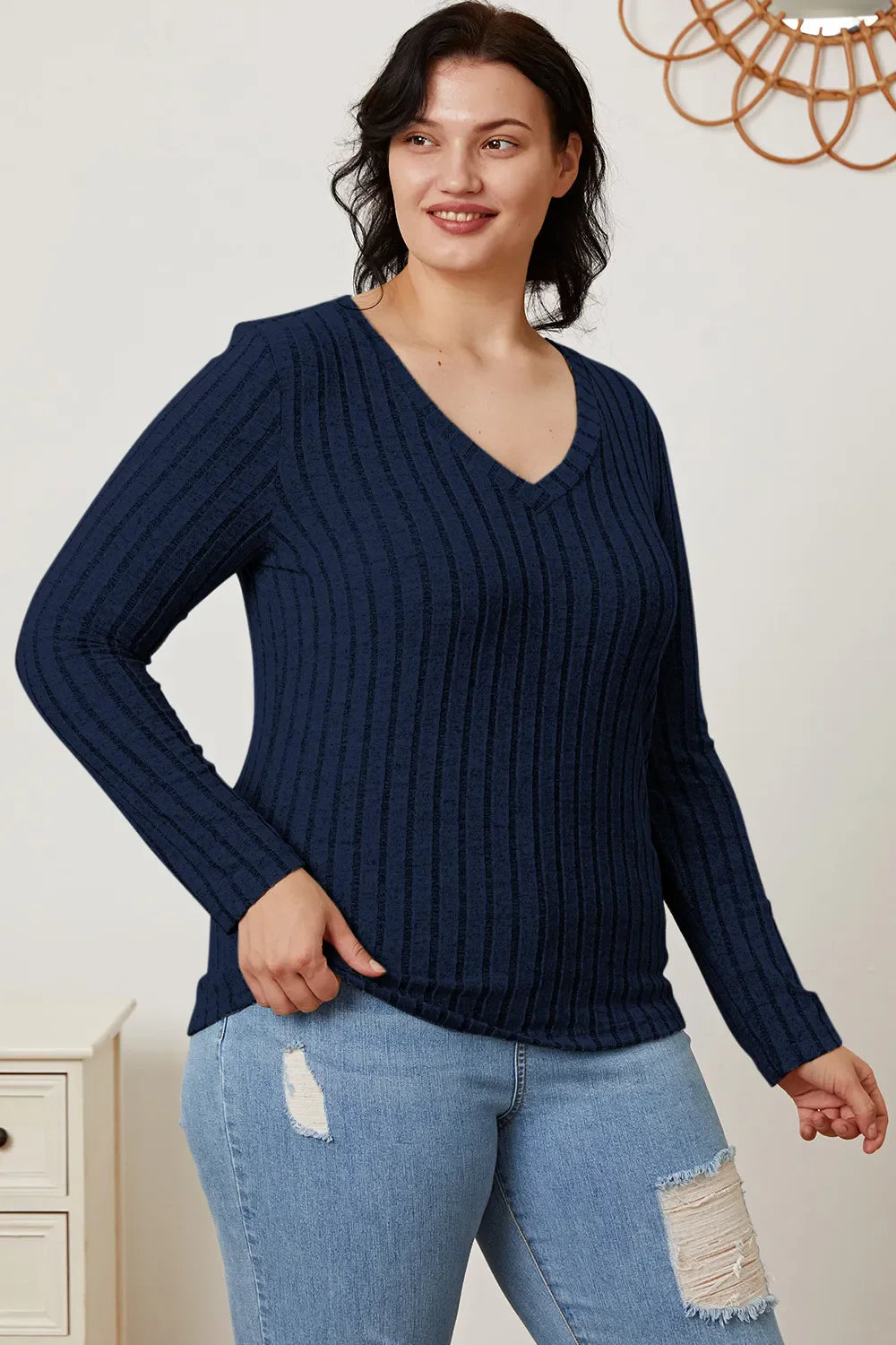 Basic Bae Full Size Ribbed V-Neck Long Sleeve T-Shirt New Era Fashion LLc