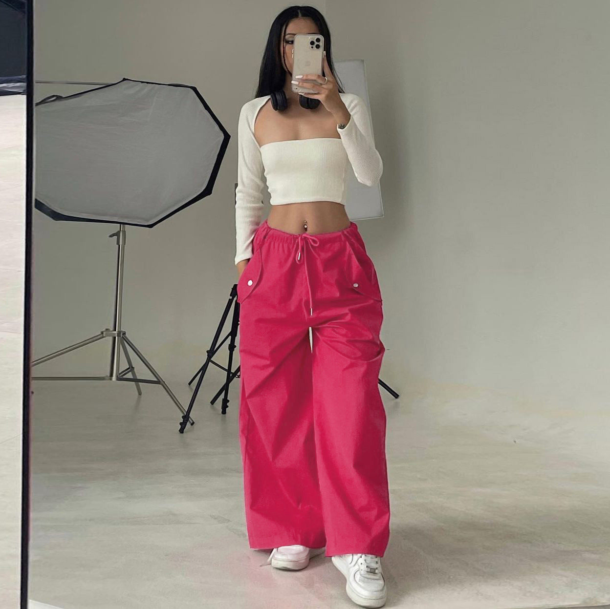 Women's High-Waist Lace-Up Straight-Leg Cargo Pants – Loose Fit FitiqueFit