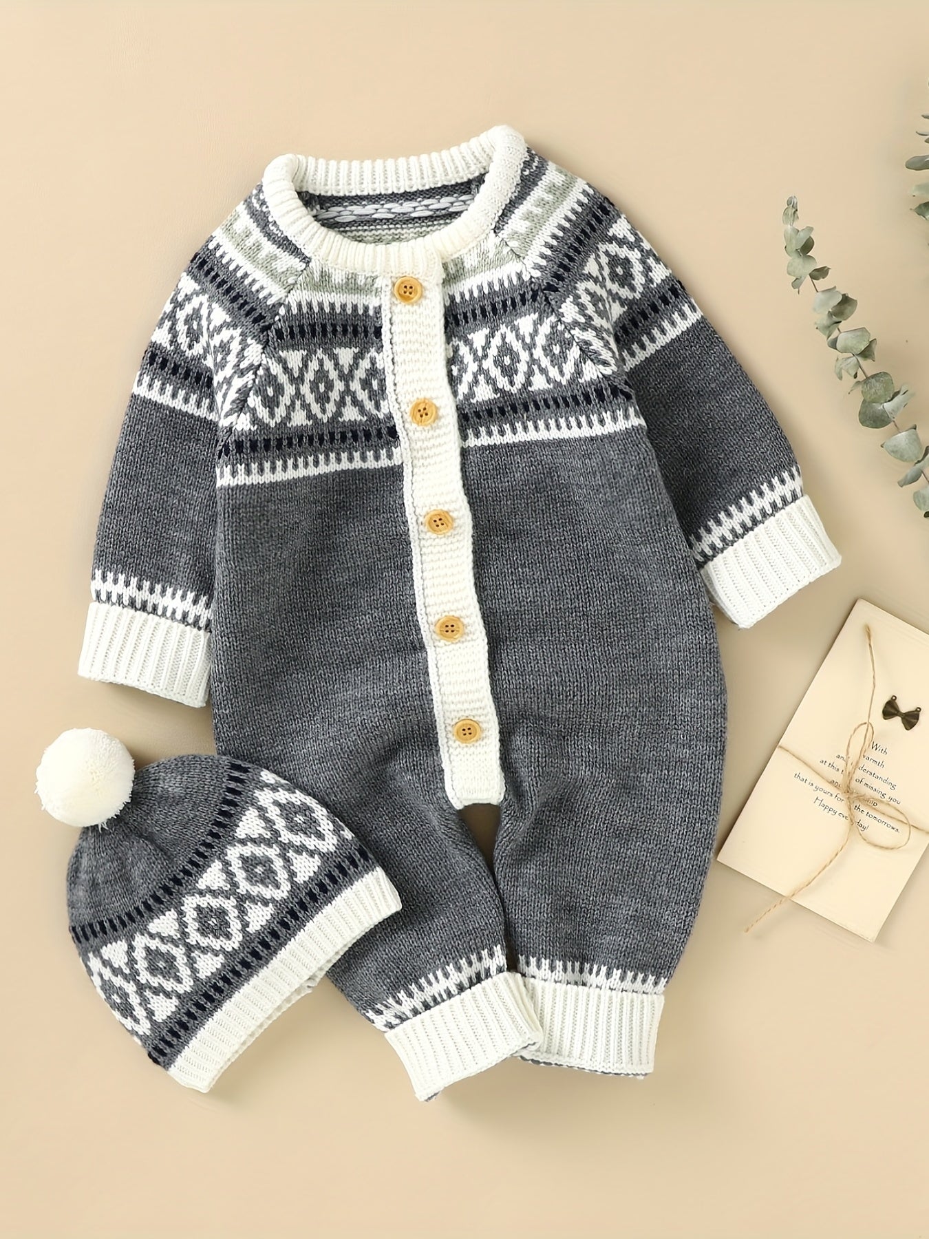 Newborn Infant Geometric Pattern Sweater Romper Long Sleeve Button Jumpsuit & Hat For Toddler Baby Boys And Girls, Suitable For Indoor And Outdoor Wear NovaCart