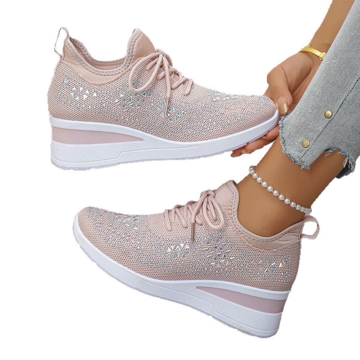 Ins Rhinestone Sneakers Fashion Lace Up Wedges Casual Shoes Women's Daily Commuting Sports Shoes See size chart under “more details” The Fashion Celestial