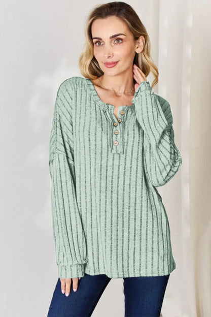 Basic Bae Full Size Ribbed Half Button Long Sleeve T-Shirt New Era Fashion LLc