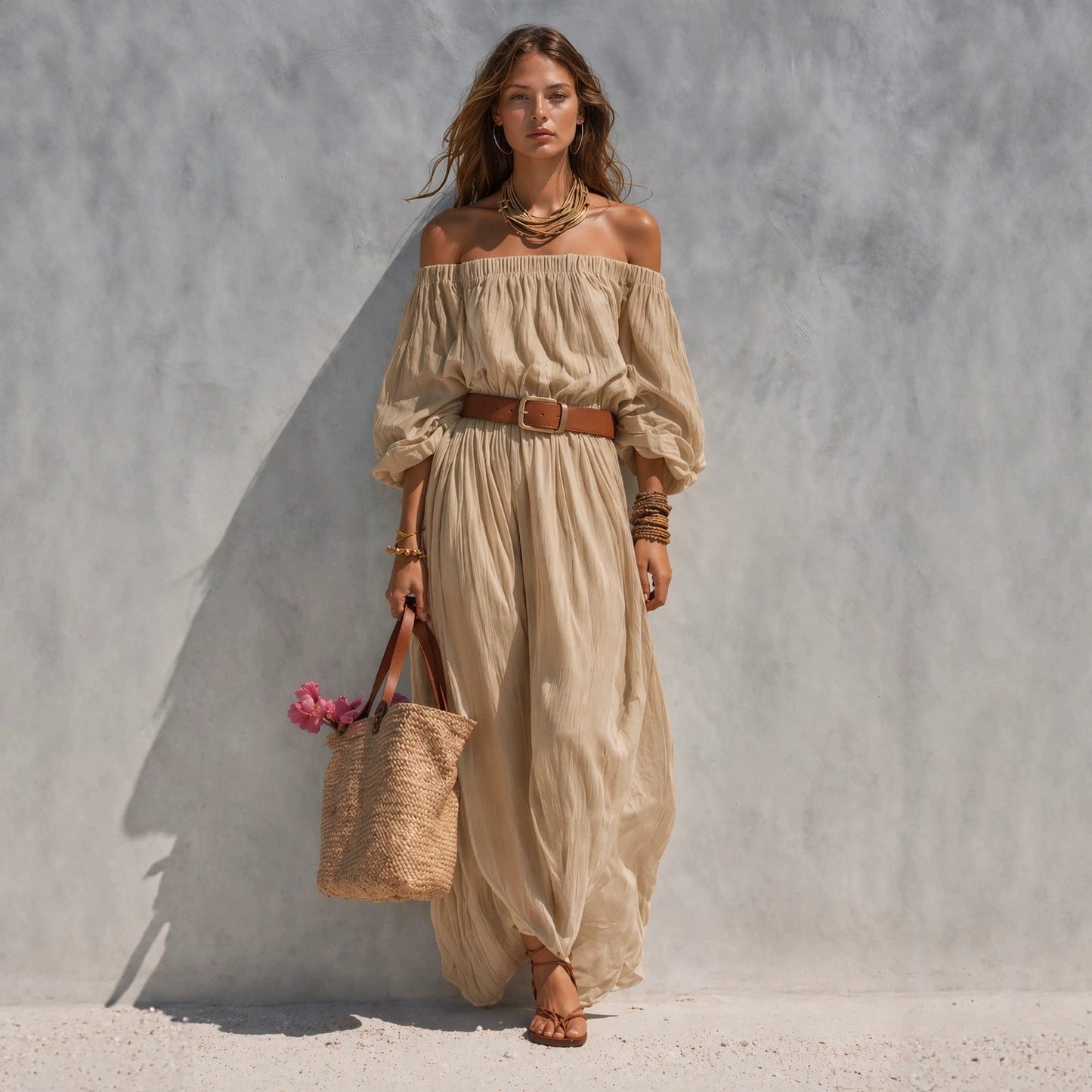 Women's Boat-Neck Sleeveless Cotton-Linen Maxi Dress FitiqueFit