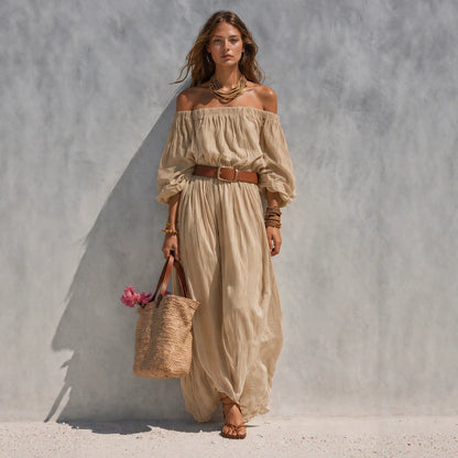 Women's Boat-Neck Sleeveless Cotton-Linen Maxi Dress FitiqueFit