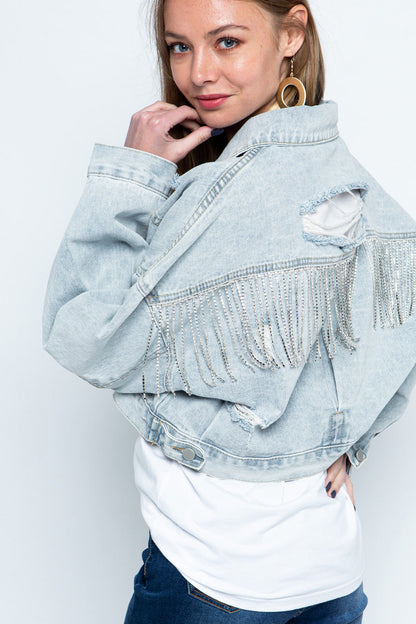 Ripped Rhinestone Denim Jacket Tassel Long Sleeve Denim Jacket See size chart under “more details” The Fashion Celestial