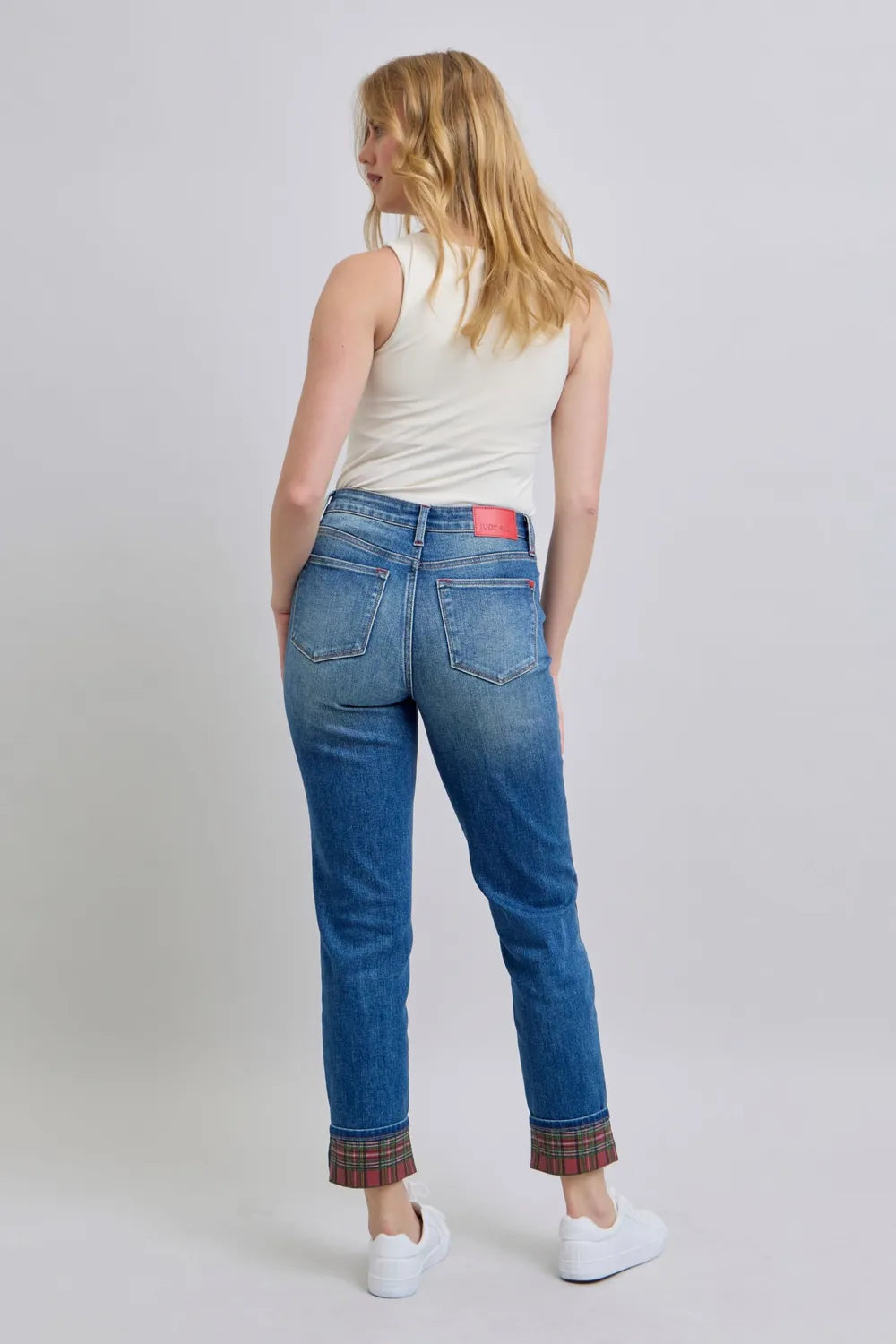 Judy Blue Full Size Plaid Print Cuff Straight Leg Jeans with Pockets New Era Fashion LLc