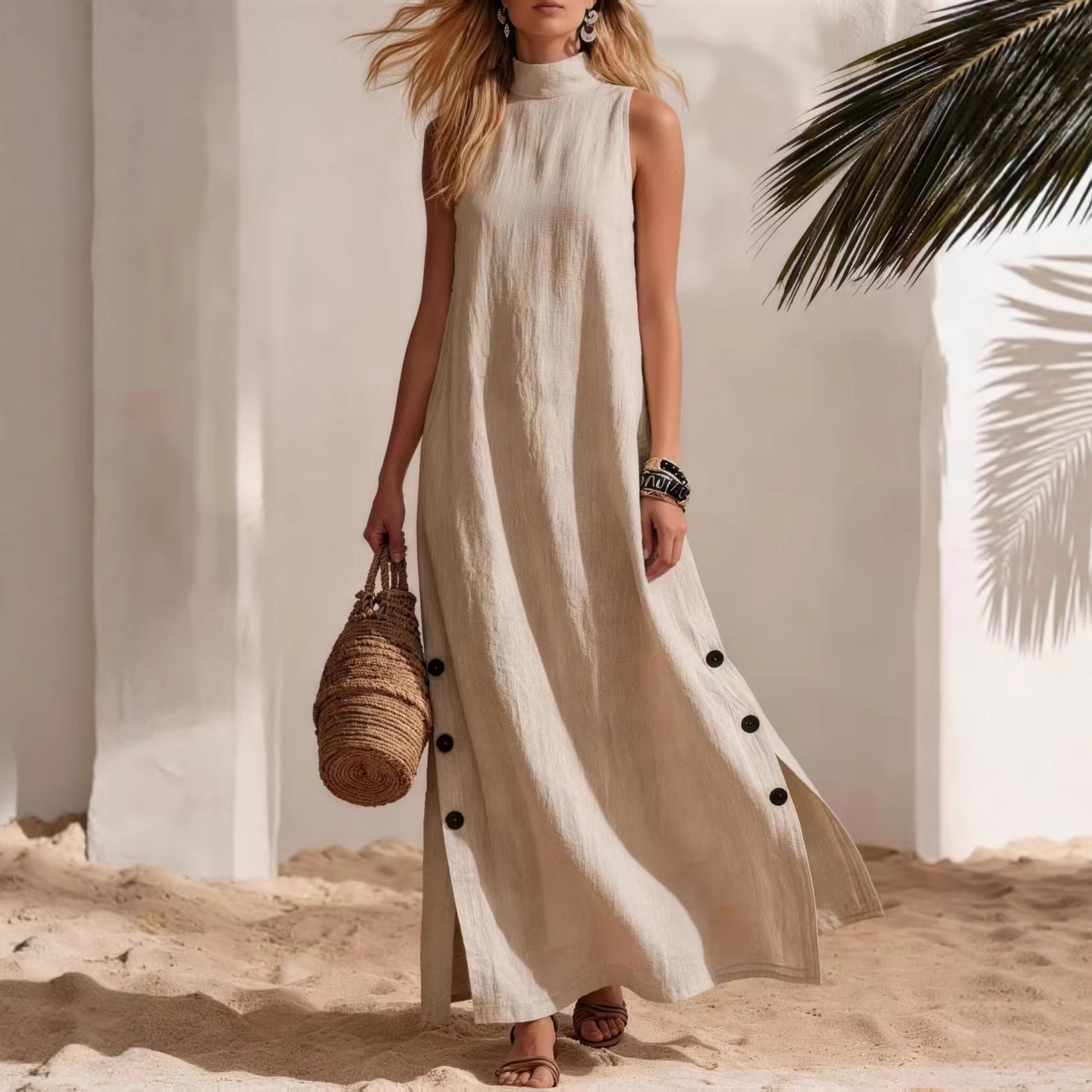 Cotton Linen Sleeveless Midi Dress – Side Slits & Loose Fit FitiqueFit
