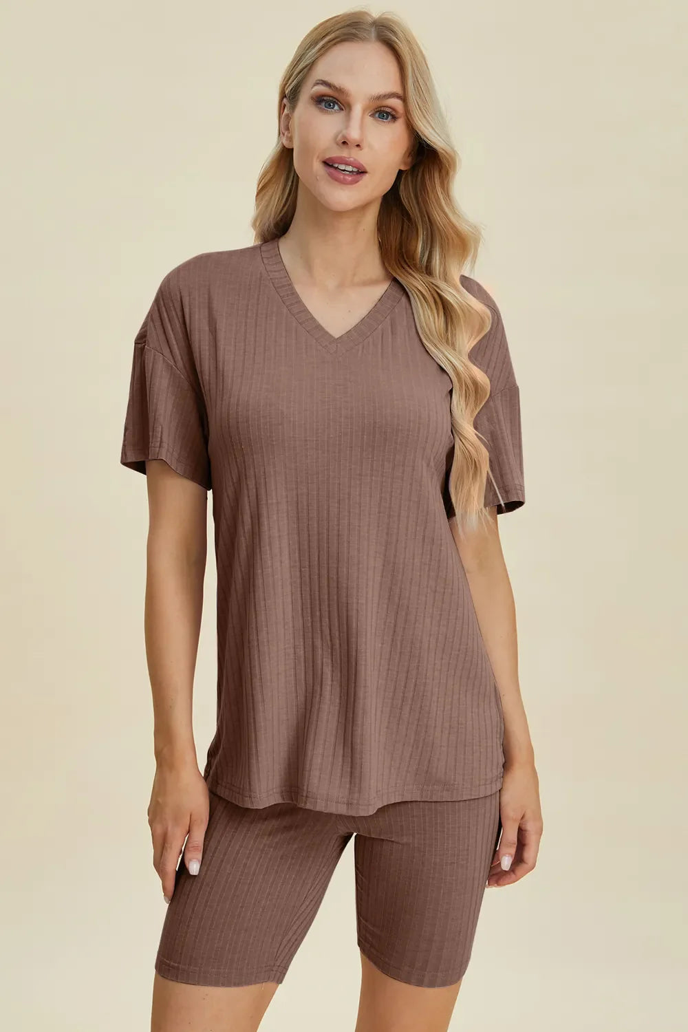 Basic Bae Full Size Ribbed V-Neck Short Sleeve Top and Shorts Set New Era Fashion LLc