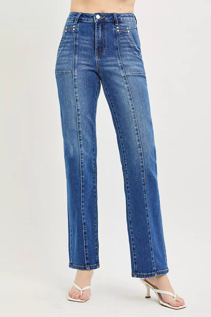 RISEN High Rise Straight Patch Pocket Seamed Jeans New Era Fashion LLc