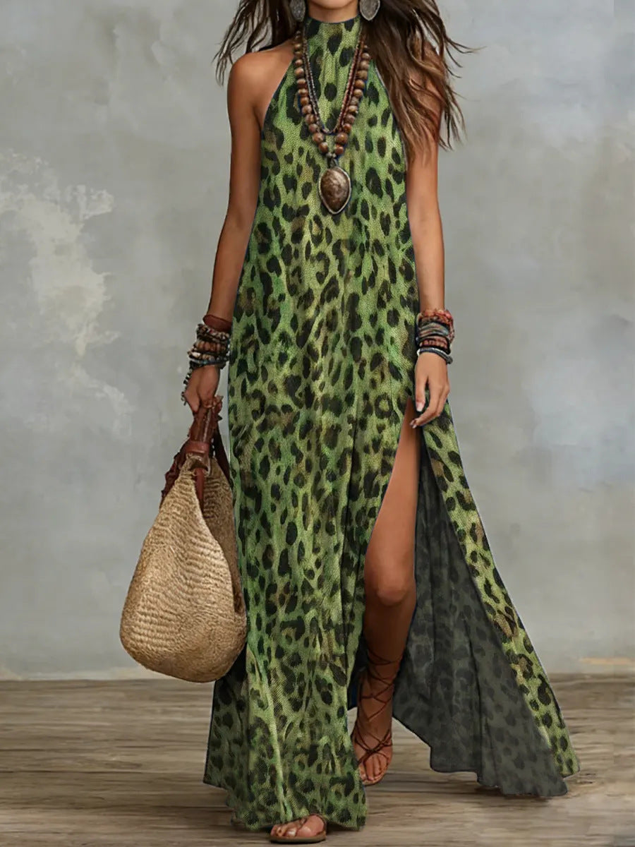 Women's Printed Scarf-Style Maxi Dress – Sleeveless, Split, Loose Boho FitiqueFit