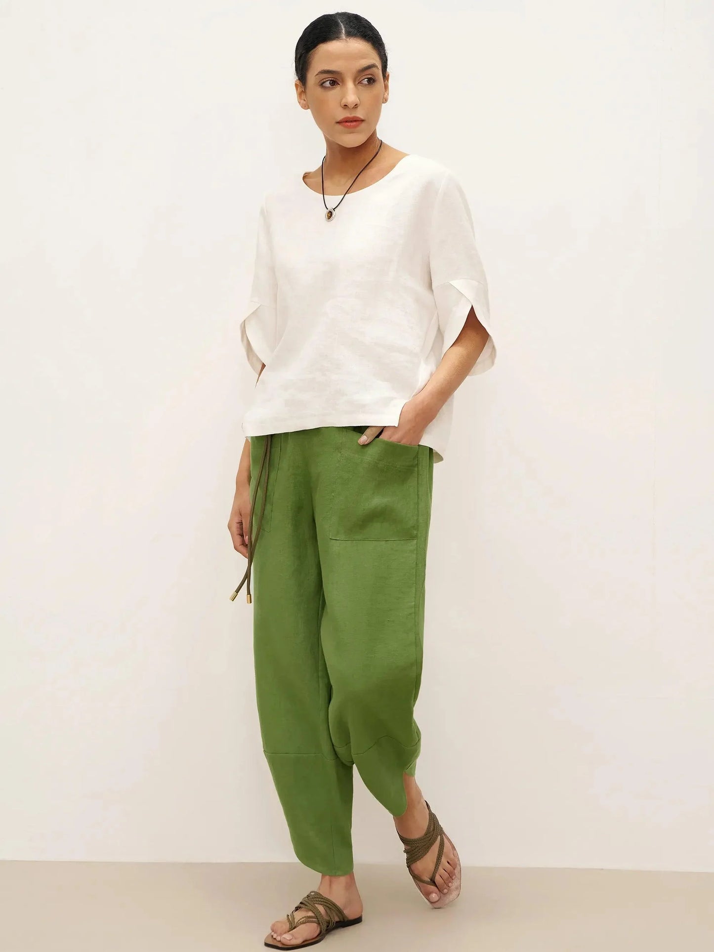 100% Linen Petal-Hem Trousers with Elastic Waist LIV LINTICO