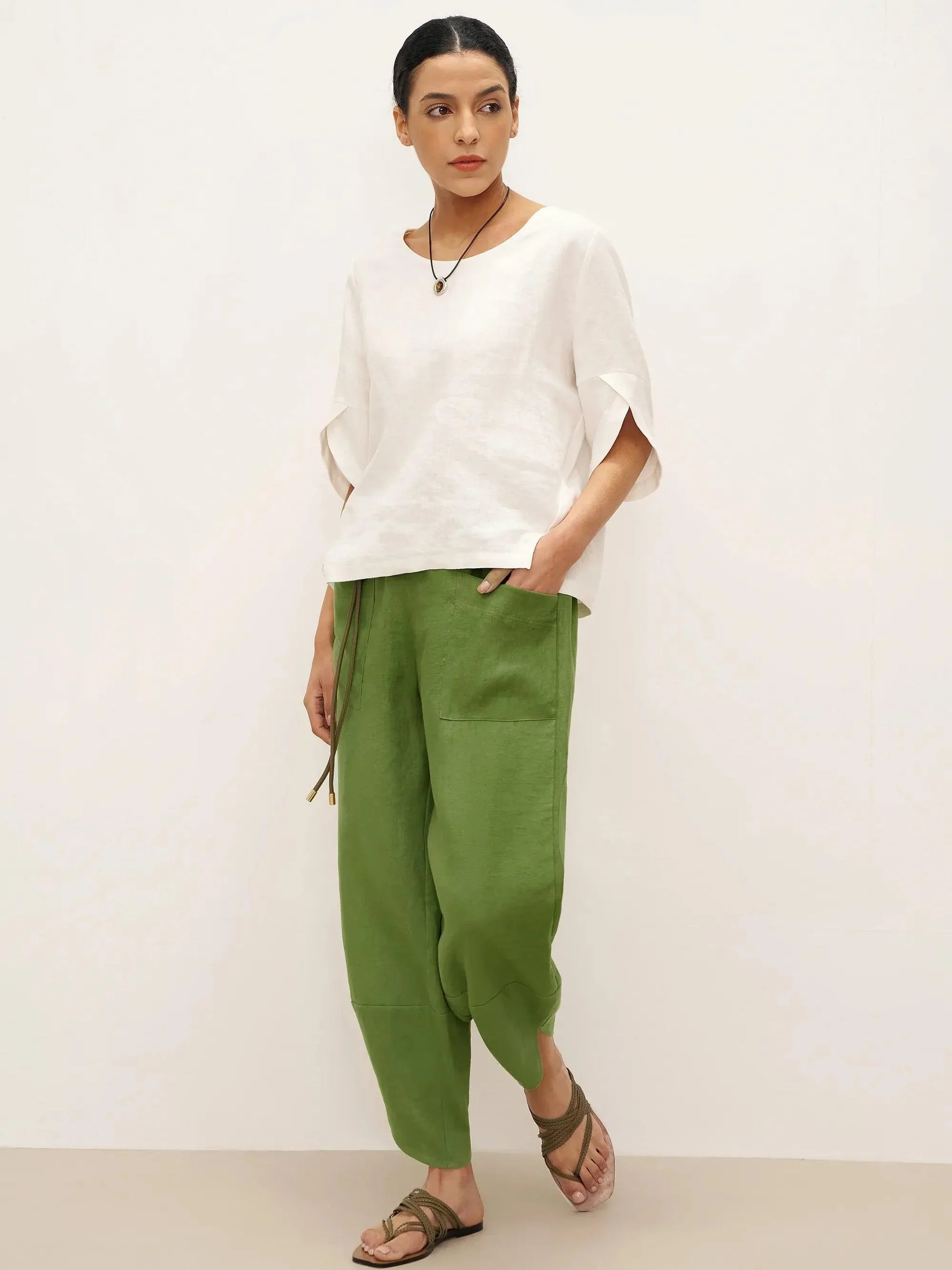 100% Linen Petal-Hem Trousers with Elastic Waist LIV LINTICO