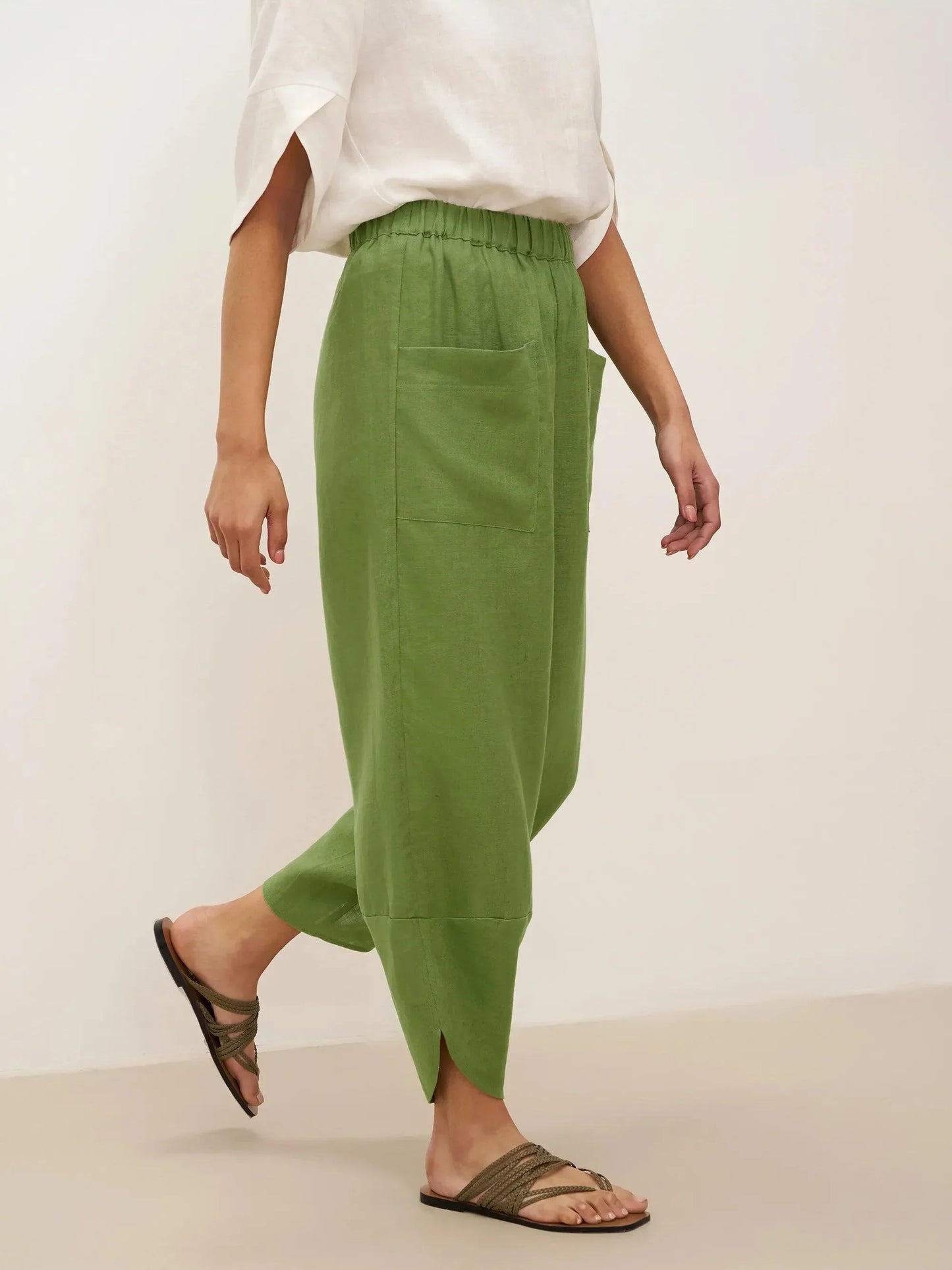 100% Linen Petal-Hem Trousers with Elastic Waist LIV LINTICO