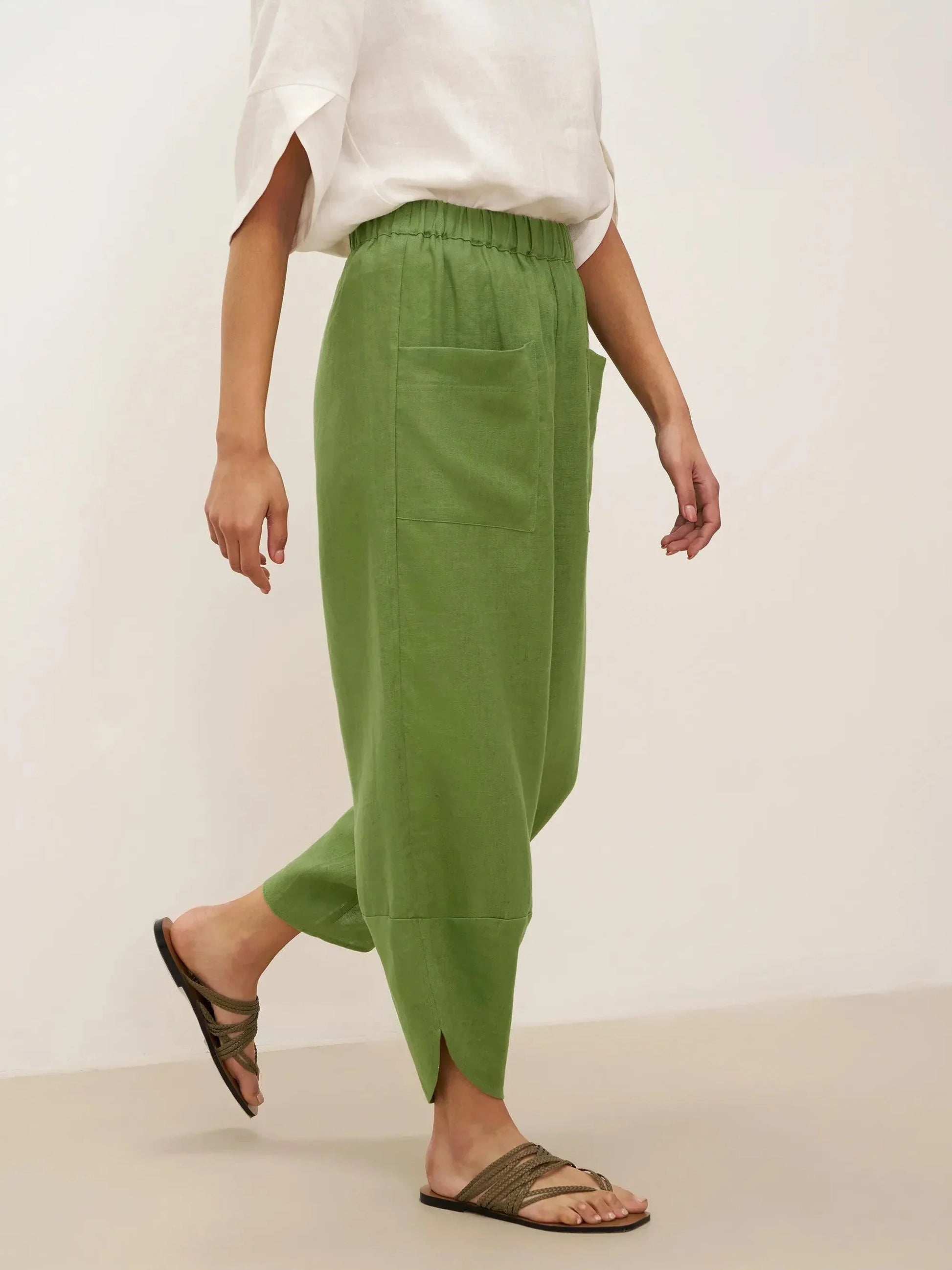 100% Linen Petal-Hem Trousers with Elastic Waist LIV LINTICO