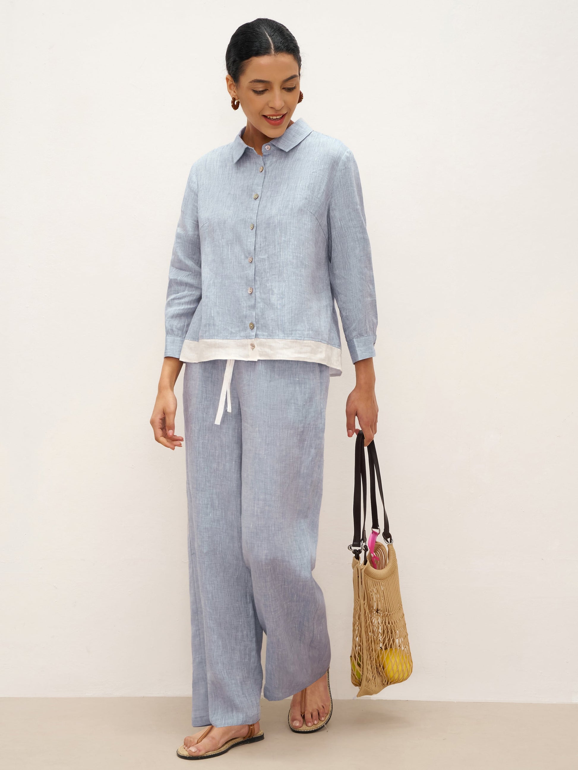 100% Linen Buttoned Closure Color-Blocked Shirt JANICE LINTICO