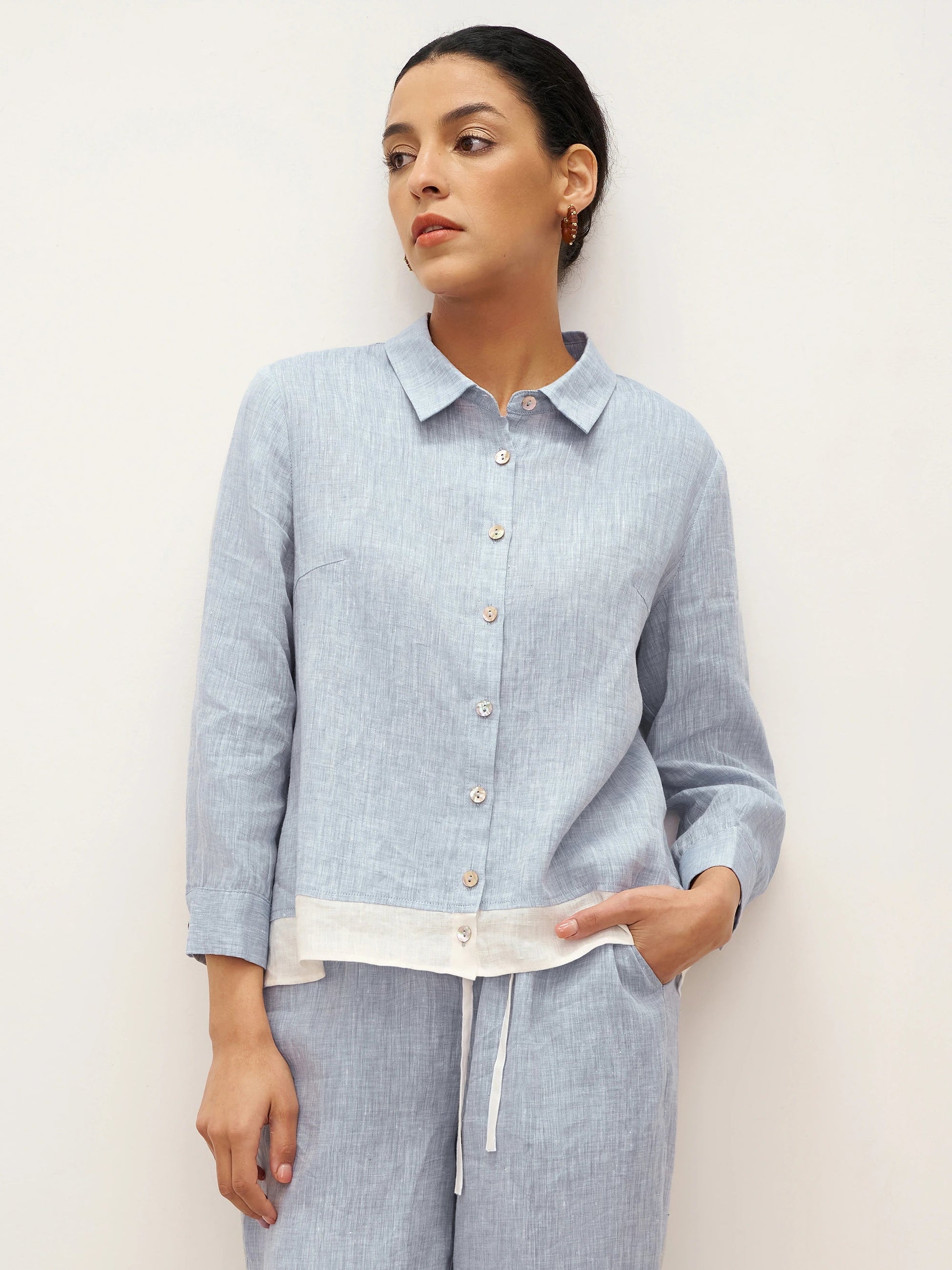 100% Linen Buttoned Closure Color-Blocked Shirt JANICE LINTICO