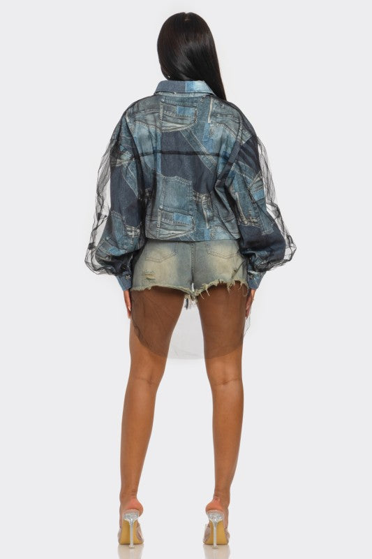 Denim Mesh Illusion Oversized Shirt See size chart under “more details” The Fashion Celestial