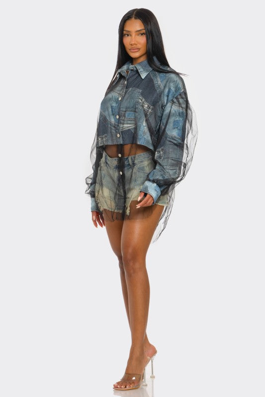 Denim Mesh Illusion Oversized Shirt See size chart under “more details” The Fashion Celestial