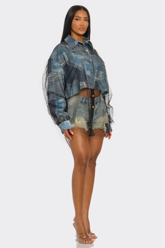 Denim Mesh Illusion Oversized Shirt See size chart under “more details” The Fashion Celestial