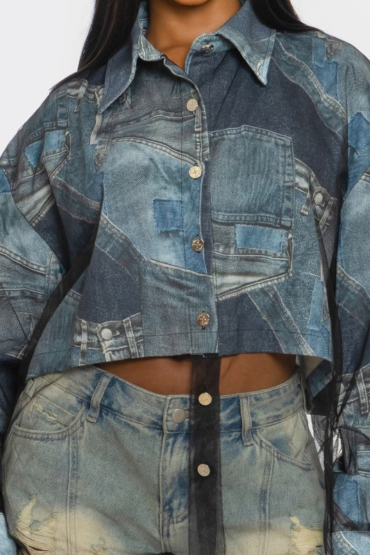 Denim Mesh Illusion Oversized Shirt See size chart under “more details” The Fashion Celestial