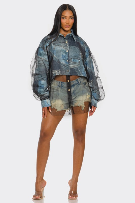 Denim Mesh Illusion Oversized Shirt See size chart under “more details” The Fashion Celestial