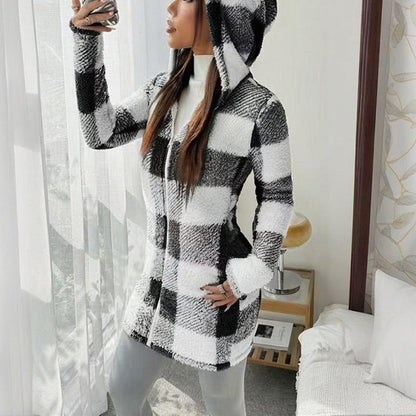 Plaid Hooded Sherpa-Lined Long Coat with Pockets FitiqueFit