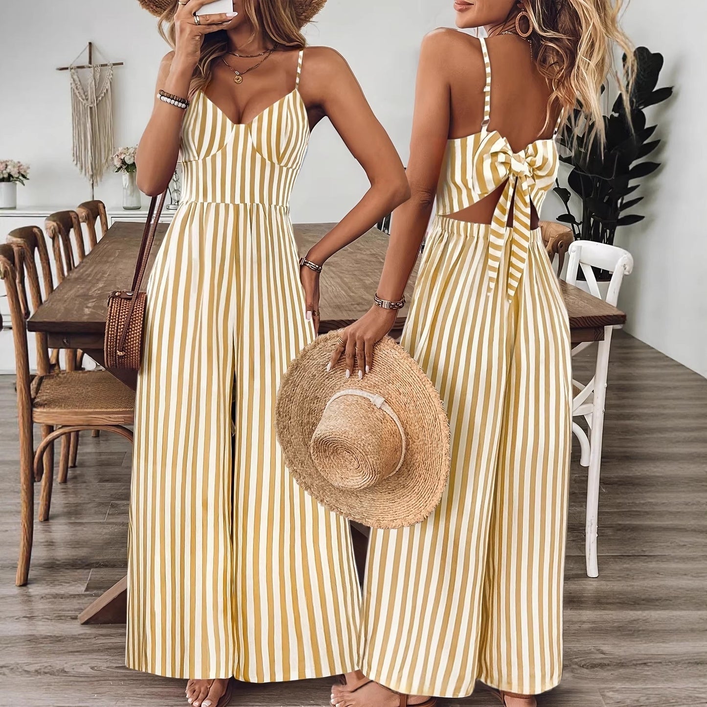 Printed Backless Sleeveless Strap Jumpsuit | Ginger Yellow FitiqueFit