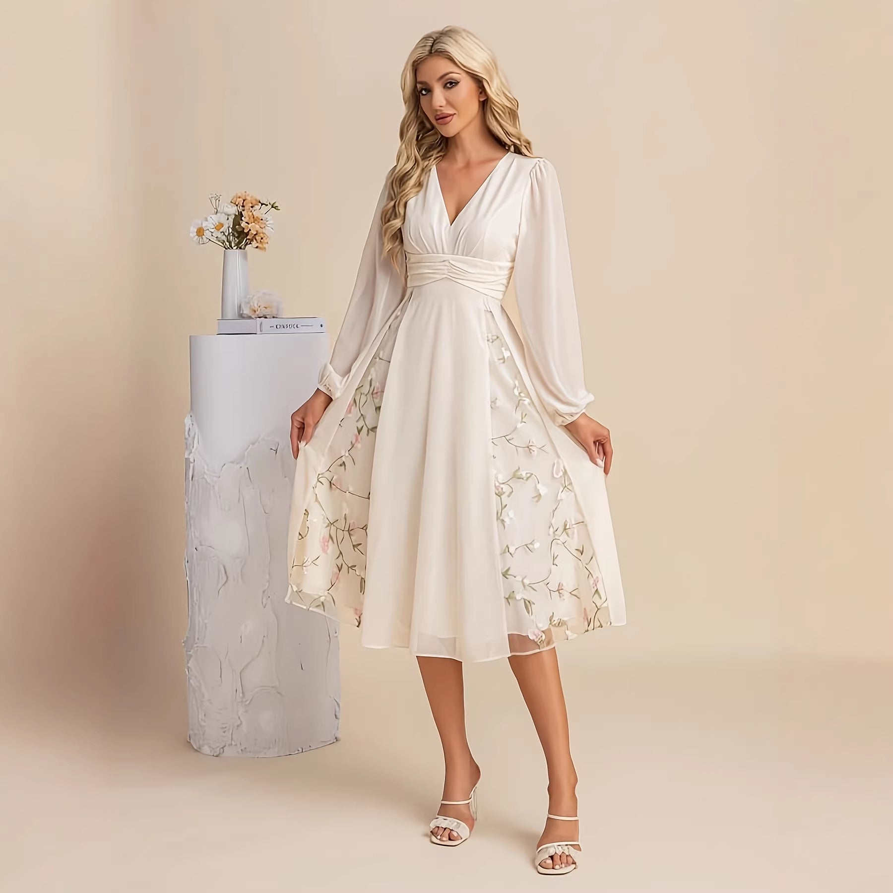 Floral Long Sleeve V-Neck Pleated Midi Dress – High Waist Flared Hem FitiqueFit