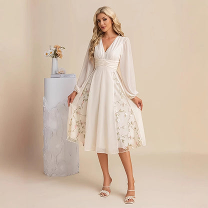 Floral Long Sleeve V-Neck Pleated Midi Dress – High Waist Flared Hem FitiqueFit
