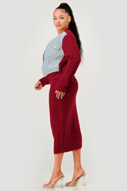 Denim Patchwork Knit Two-Piece Skirt Set See size chart under “more details” The Fashion Celestial