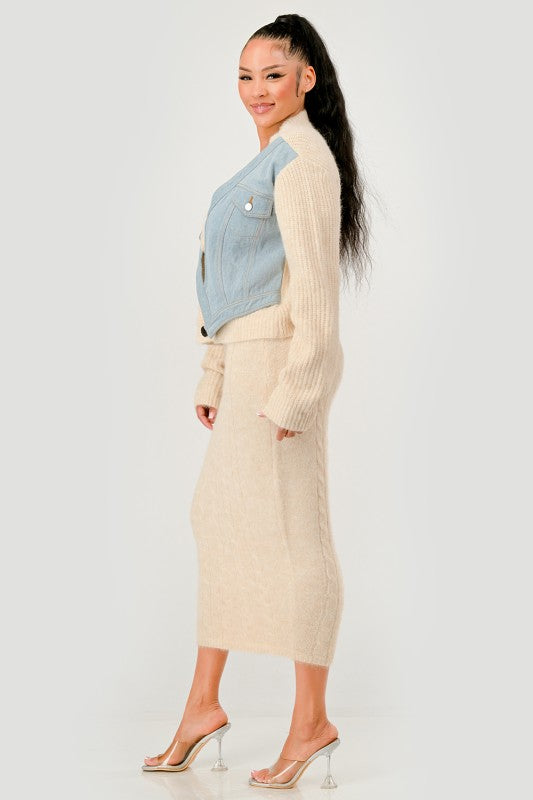 Denim Patchwork Knit Two-Piece Skirt Set See size chart under “more details” The Fashion Celestial
