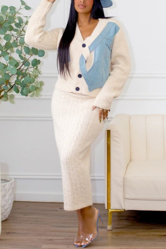 Denim Patchwork Knit Two-Piece Skirt Set See size chart under “more details” The Fashion Celestial