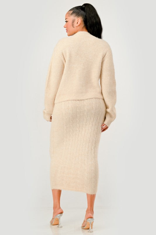 Denim Patchwork Knit Two-Piece Skirt Set See size chart under “more details” The Fashion Celestial