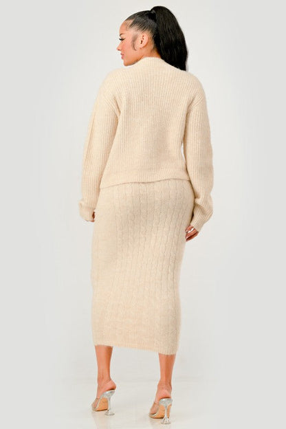 Denim Patchwork Knit Two-Piece Skirt Set See size chart under “more details” The Fashion Celestial