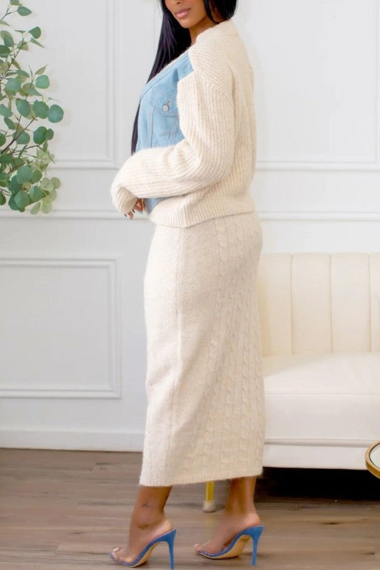Denim Patchwork Knit Two-Piece Skirt Set See size chart under “more details” The Fashion Celestial