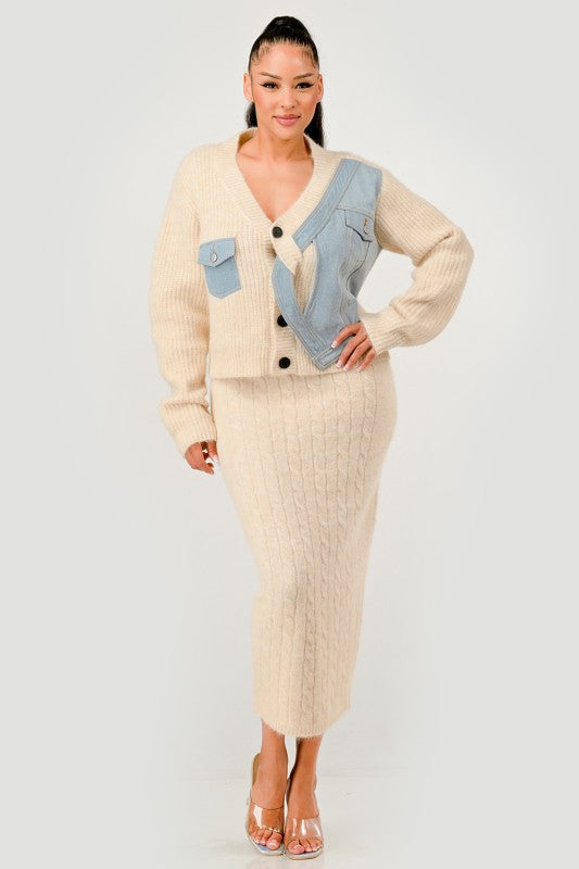 Denim Patchwork Knit Two-Piece Skirt Set See size chart under “more details” The Fashion Celestial