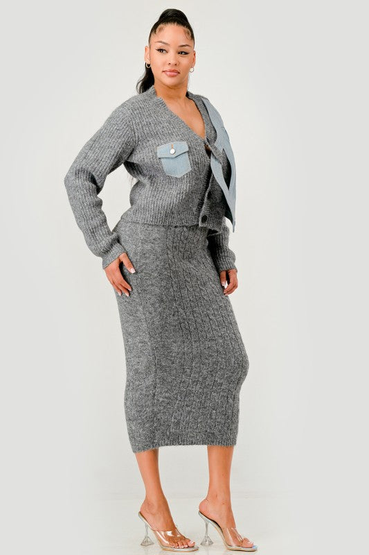 Denim Patchwork Knit Two-Piece Skirt Set See size chart under “more details” The Fashion Celestial