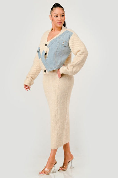 Denim Patchwork Knit Two-Piece Skirt Set See size chart under “more details” The Fashion Celestial