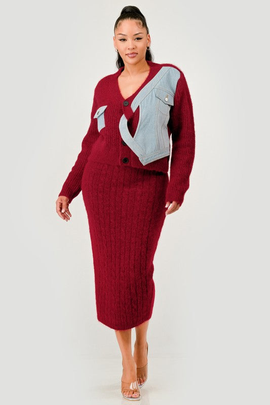 Denim Patchwork Knit Two-Piece Skirt Set See size chart under “more details” The Fashion Celestial