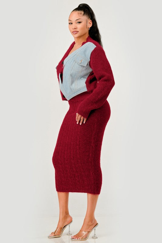 Denim Patchwork Knit Two-Piece Skirt Set See size chart under “more details” The Fashion Celestial